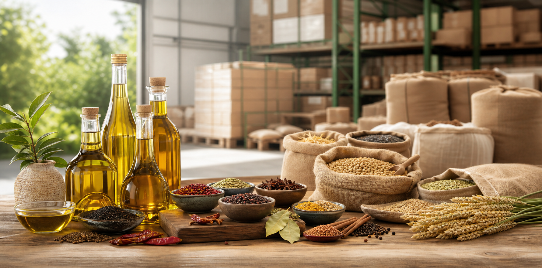 Premium edible oils, spices, grains, and supply packaging arranged for distribution