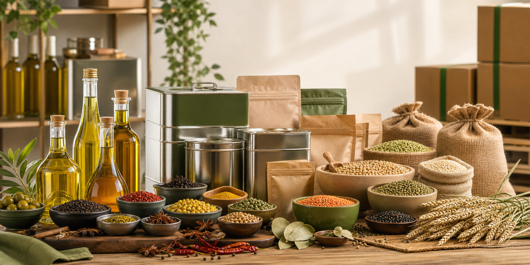Edible oils, spices, tins, sacks, and commercial food supply packaging